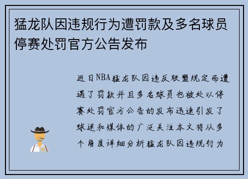 猛龙队因违规行为遭罚款及多名球员停赛处罚官方公告发布