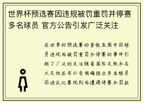 世界杯预选赛因违规被罚重罚并停赛多名球员 官方公告引发广泛关注 世界杯预选赛因违规被罚重罚并停赛多名球员 官方公告引发广泛关注