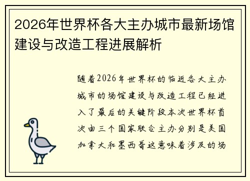 2026年世界杯各大主办城市最新场馆建设与改造工程进展解析