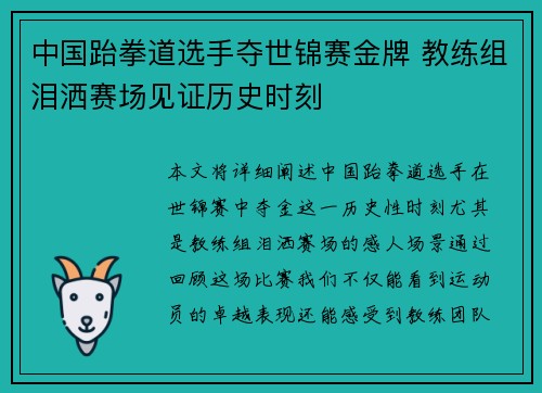 中国跆拳道选手夺世锦赛金牌 教练组泪洒赛场见证历史时刻